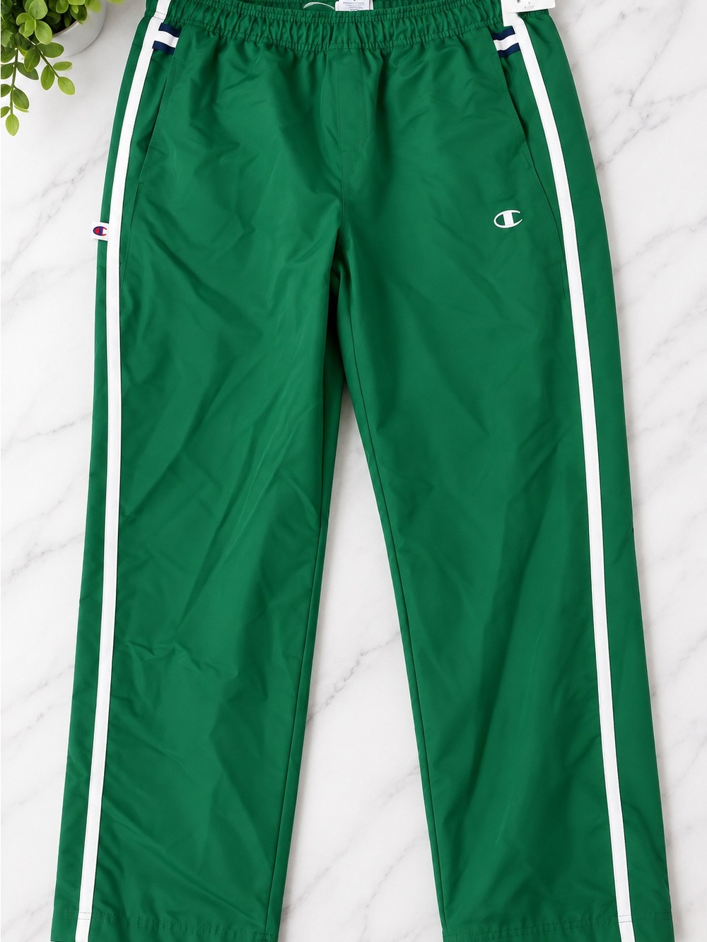 Champion Green Track Pants with White Side Stripes and Navy Trim
